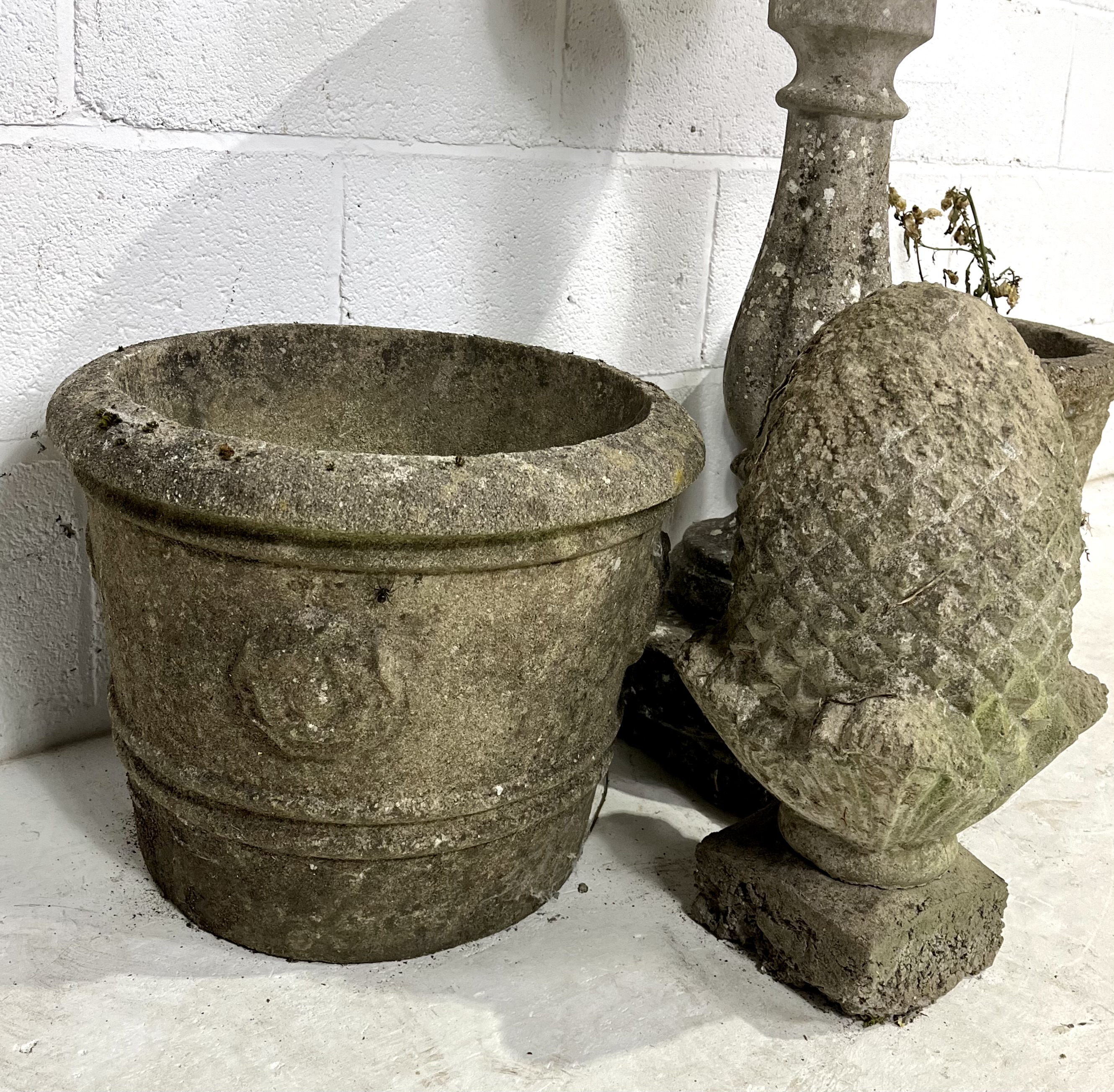 A reconstituted stone birdbath in three parts, a pine cone finial (a/f) along with two reconstituted - Image 4 of 6