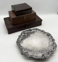 Three vintage boxes along with a large silver plated tray