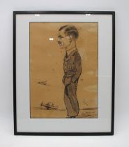 A framed charcoal caricature of a WWII Royal Air Force officer, signed and dated 'Pat Rooney,