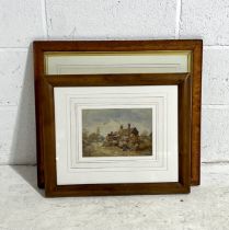 A pair of framed watercolours, one depicting a country cottage scene, the other shows a vintage