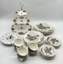 A Johnson Bros "The Road Home" part tea set along with a Royal Albert Old Country Roses cake stand