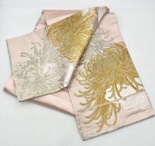 Japanese silk embroidered and woven silk long Obi sash, with gold and silver threads in