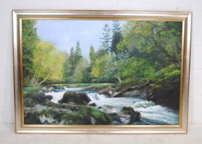 A large framed oil on canvas of a river scene, signed 'DT Mathias' - 94cm x 134cm