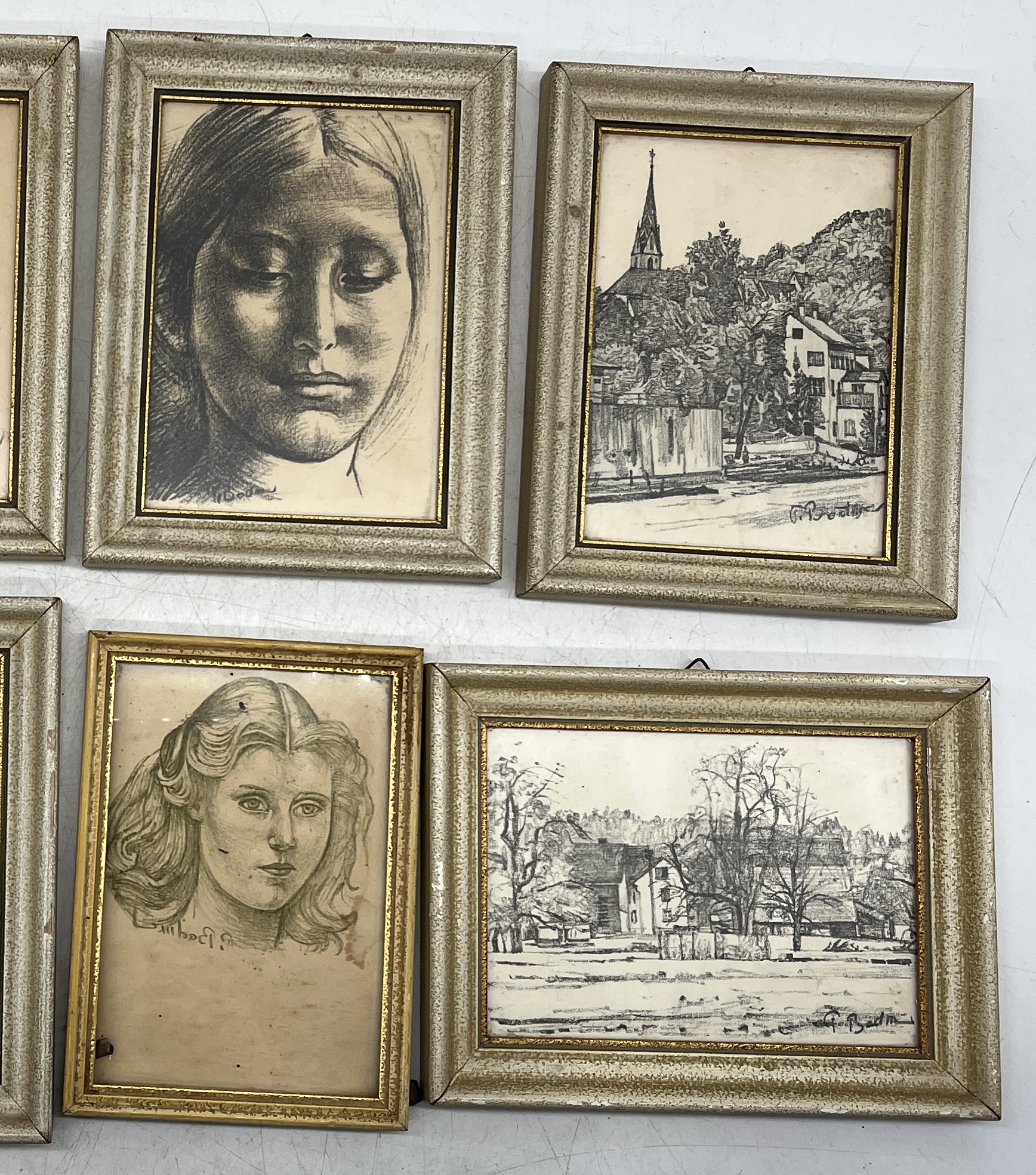 A collection of prints with indistinct signature all showing charcoal portraits, two have been out - Image 2 of 4