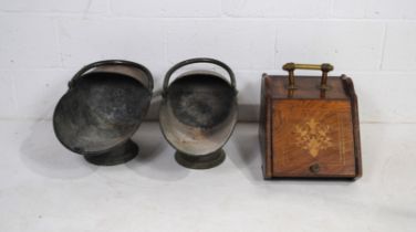 Two copper coal scuttles, along with an antique inlaid rosewood coal scuttle - one A/F