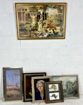 A collection of six framed pictures including oils, prints etc