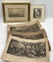 A collection of pictures and etchings including a framed watercolour of a ship signed ML, three Le