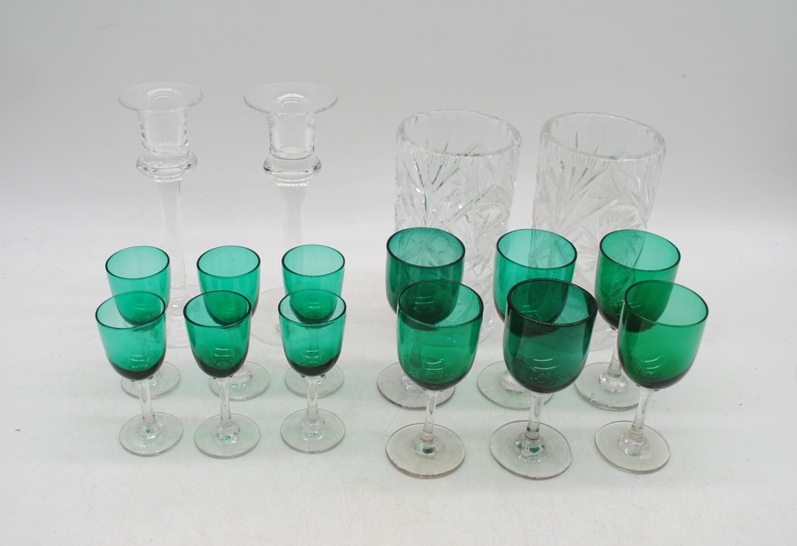 A small quantity of glassware, including a set of six Victorian green sherry glasses and a set of