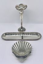 A hallmarked silver pen tray, shell shaped dish along with a single trumpet vase (height approx.