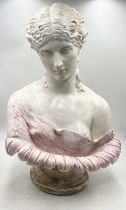 A large plaster bust of "Clytie" on circular base with coloured detail - 70cm high