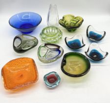 A collection of art glass including Whitefriars dishes, Murano etc.