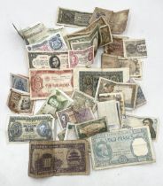 A collection of various banknotes including a 1916 20 Francs note etc.