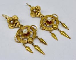 A pair of Victorian 15ct gold earrings set with seed pearls, total weight 7g