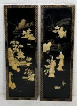 Two Japanese lacquered panels showing traditional scenes with raised mother of pearl decoration