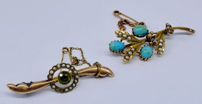 Two 9ct gold brooches one set with turquoise and seed pearls, the other with peridot and seed