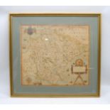 A framed 'Saxtons map of Devonshire, 1575' - 55.5cm x 60.5cm