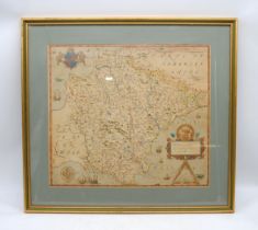 A framed 'Saxtons map of Devonshire, 1575' - 55.5cm x 60.5cm