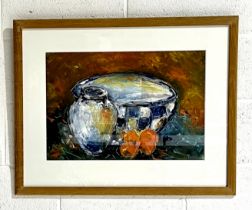 A framed and glazed still life oil painting, handwritten name Billie Willcox on reverse. overall