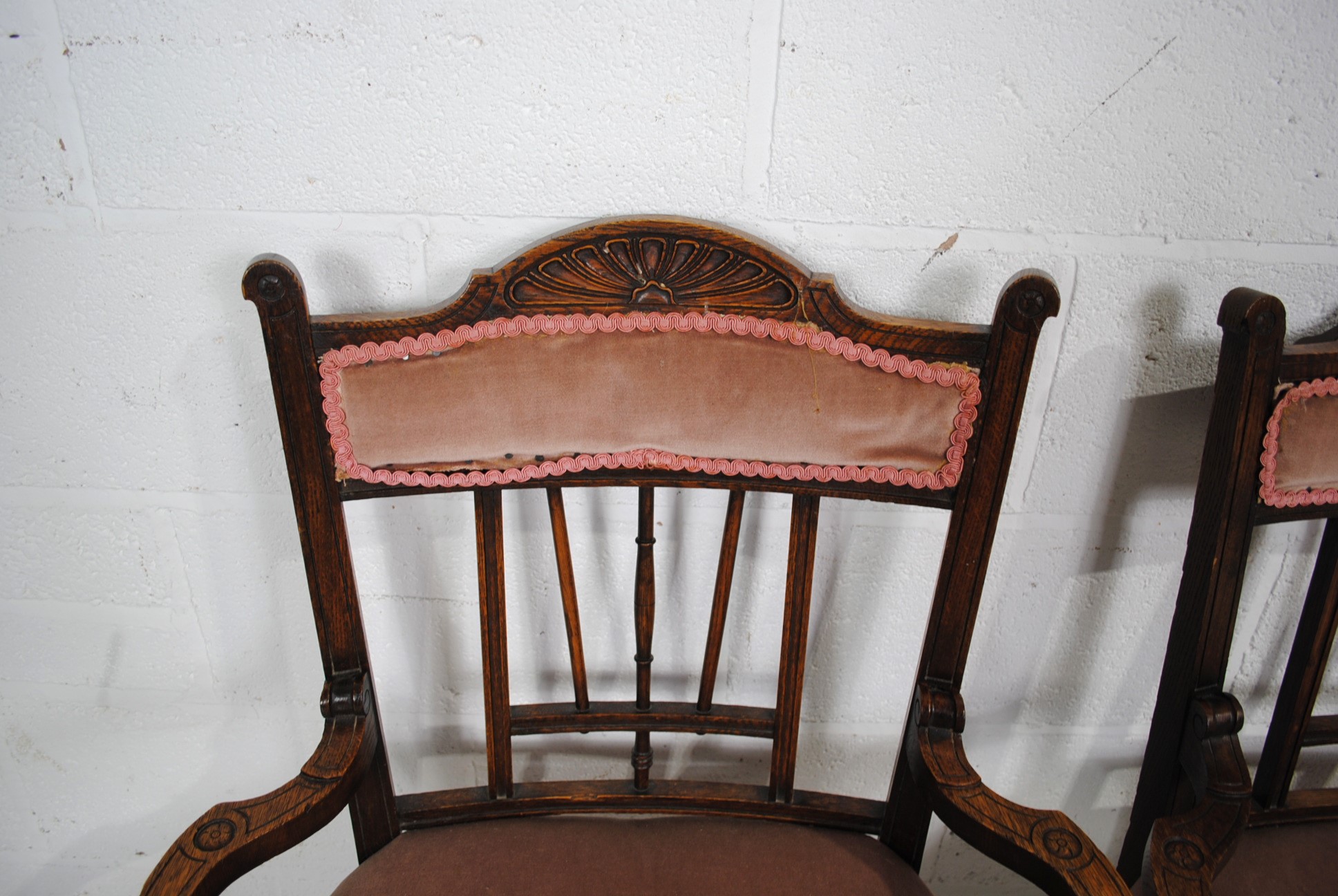 A pair of upholstered oak carver chairs, with carved detailing, raised on tapering legs - Image 4 of 5
