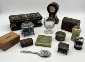 A collection of various items including pewter casket, antique metal bound box, lighters, glass