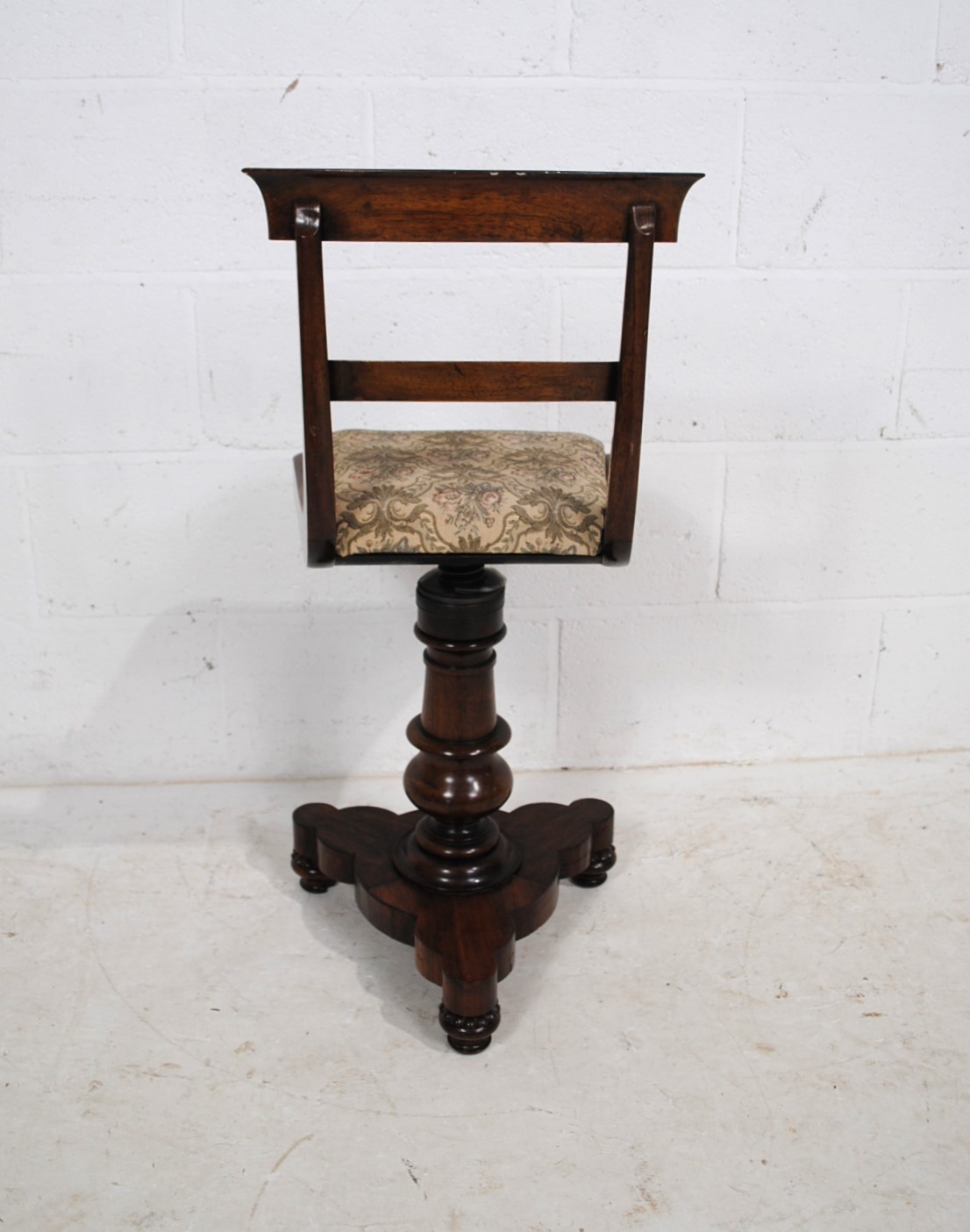 A Victorian rosewood harpists stool, with rotating upholstered seat, raised on turned trefoil base - Image 4 of 7