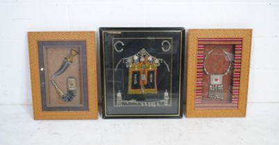 Three framed Eastern items, including a dagger, traditional jewellery, necklace etc. - largest