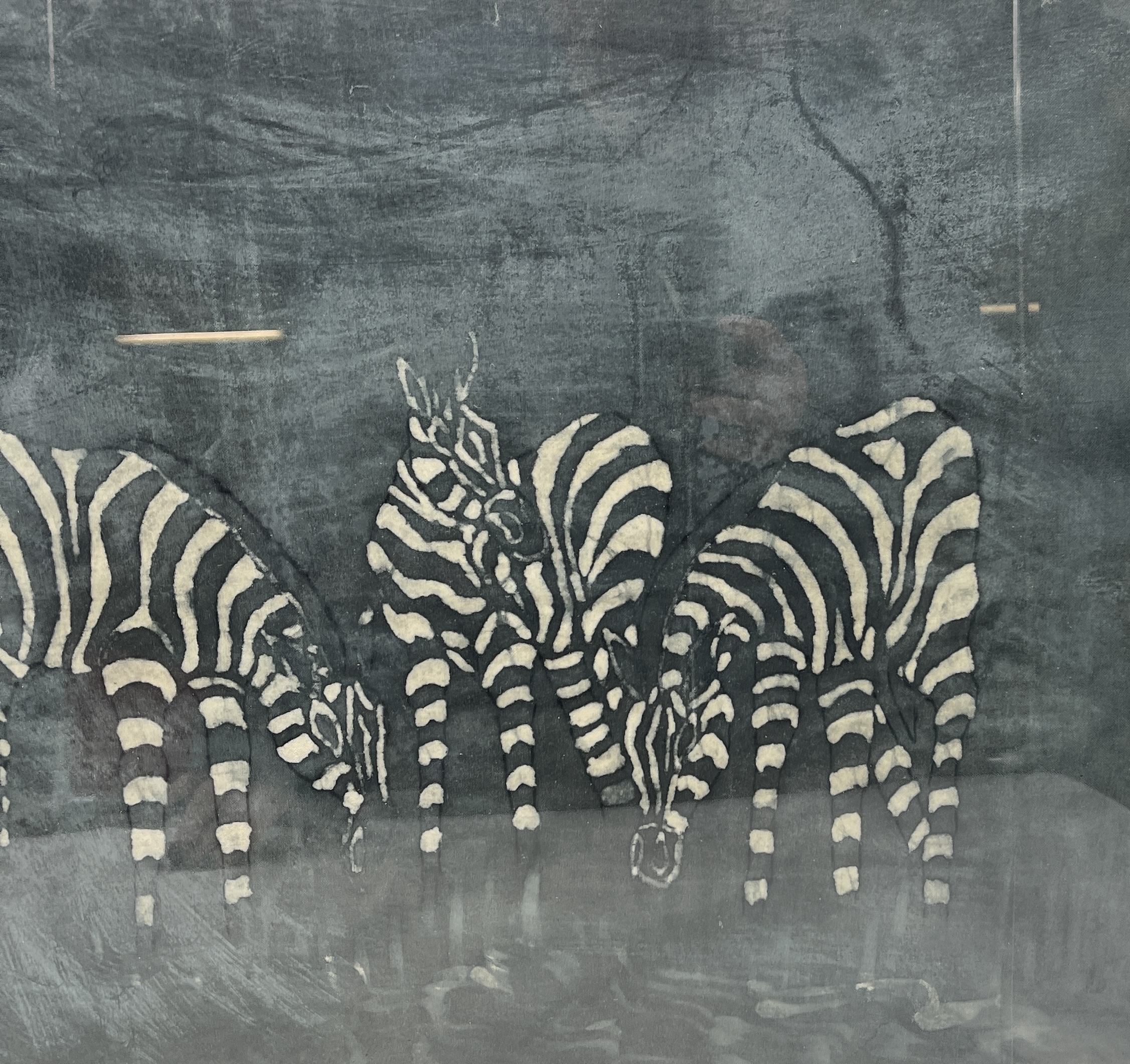 A painted silk picture of Zebras grazing - 48cm x 75cm - Image 2 of 4