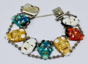 A Toshikane style Japanese Kabuki/Noh mask bracelet set in silver