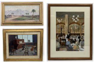 A collection of three paintings comprising of a watercolour of a cafe scene signed P. Astrop, oil on