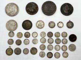 A collection of various silver and other coinage including 1679 Charles II 3 pence, 1816 George