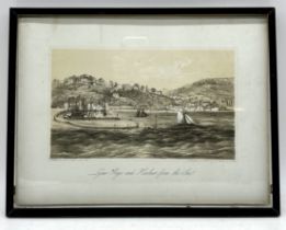 A framed antique lithograph print of "Lyme Regis and Harbour from the Sea", frame in need of