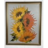 Oil on canvas of sunflowers signed "Ross" within the paint to lower left