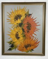 Oil on canvas of sunflowers signed "Ross" within the paint to lower left