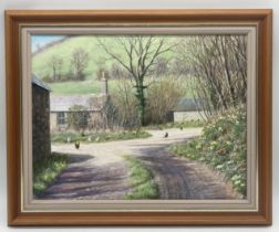 Gerry Hillman (British b. 1948) oil on canvas showing a rural farmyard cottage - 36cm x 46cm