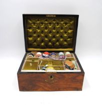 A Victorian burr walnut sewing box, with brass inlay & contents