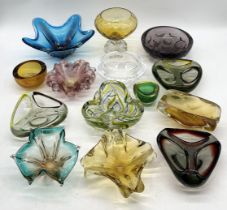 A collection of art glass bowls and vases including Murano, Chribska etc.