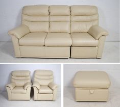 A G Plan four piece cream leather lounge suite, comprising of a three seater sofa with one recliner,