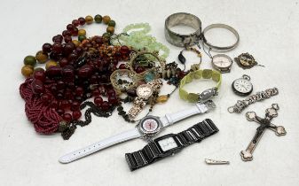 A collection of costume jewellery including hallmarked silver bangles, 925 silver fob watch,