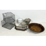 A collection of galvanised including two wirework baskets