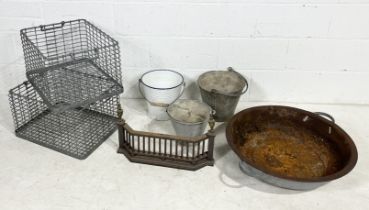 A collection of galvanised including two wirework baskets