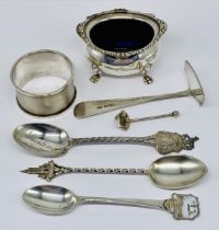 A small collection of hallmarked silver including napkin ring, teaspoons, mustard pot etc.