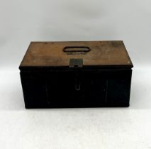 A vintage metal cash box 20cm x 37cm x 18cm