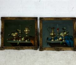 A pair of framed still life oil paintings, illegible signature, possibly Molnaly? overall size