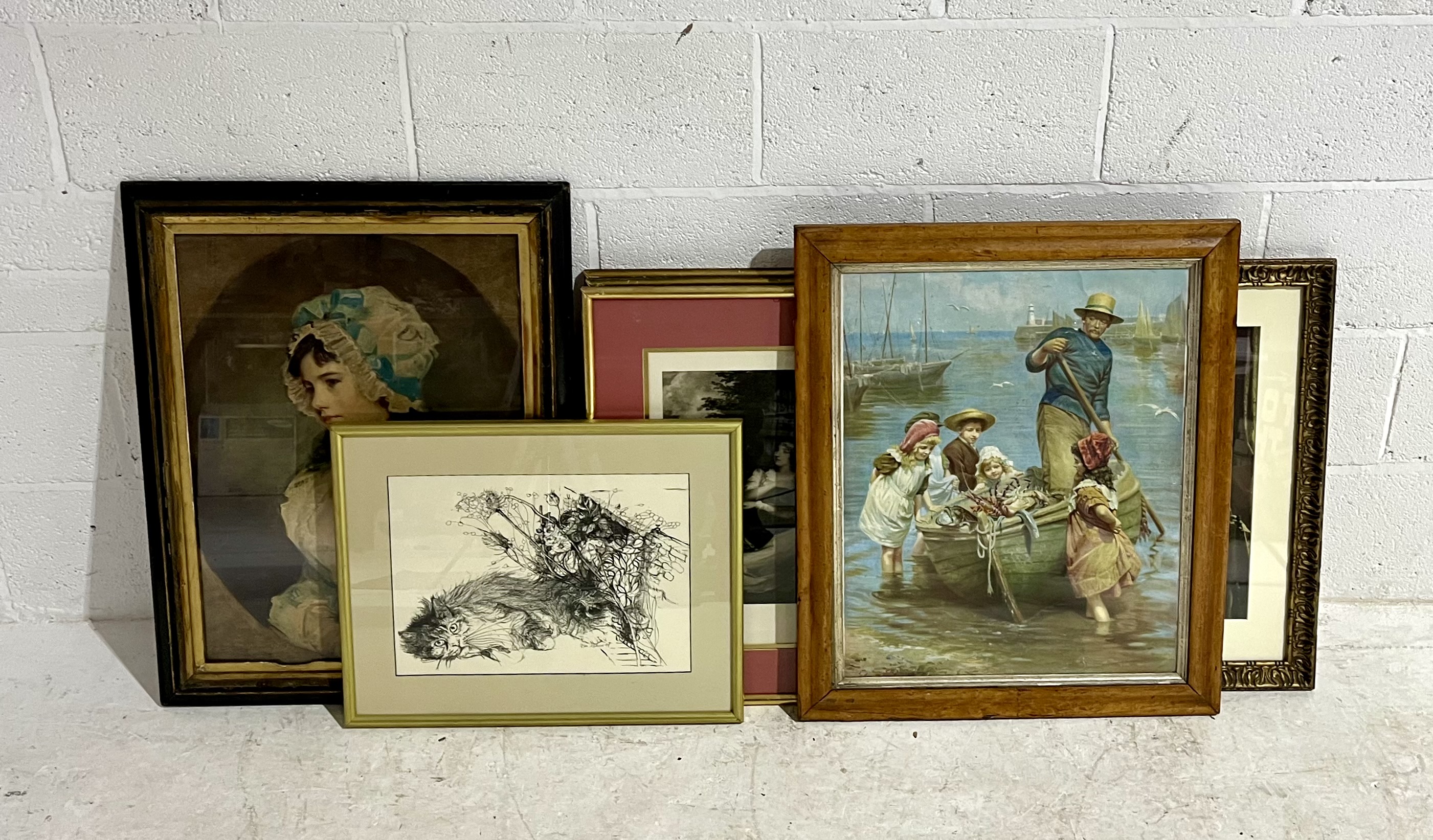 A collection of framed antique prints including "Monsters of the Deep" and "Mrs Williams" by John