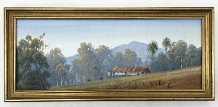 Olga Claire Garner (b. 1943) "The Queenslander" small oil on board of a rural scene -12cm x 27.5cm