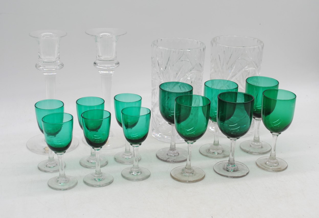 A small quantity of glassware, including a set of six Victorian green sherry glasses and a set of - Image 3 of 7