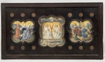 A 19th century religious triptych with hand painted scenes in the style of Taddeo Gaddi,