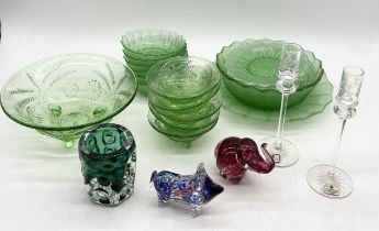 A collection of various glass including green glass dishes, bowls, Liskeard Glass vase etc.