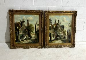 A pair of gilt framed oil on canvas paintings by H. Ten Hoeven of a Dutch street scene, both
