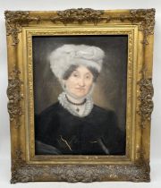 An unsigned pastel portrait of an 19th century lady, wooden backed and in gilt frame, some damage as